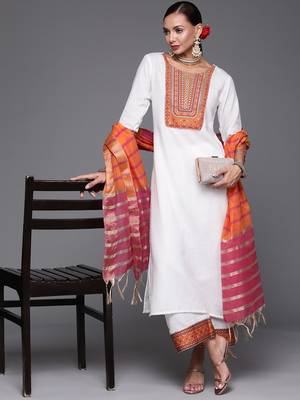 Indo Era White Solid Straight Kurta Palazzo With Dupatta Set 1