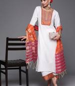 Indo Era White Solid Straight Kurta Palazzo With Dupatta Set