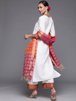 Indo Era White Solid Straight Kurta Palazzo With Dupatta Set 2
