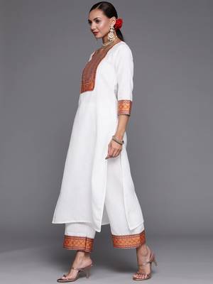 Indo Era White Solid Straight Kurta Palazzo With Dupatta Set 3