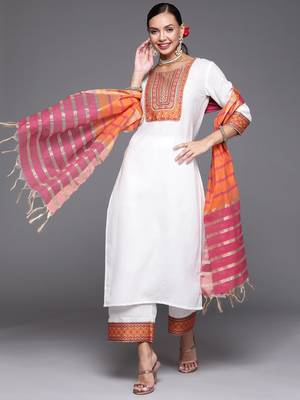 Indo Era White Solid Straight Kurta Palazzo With Dupatta Set 4