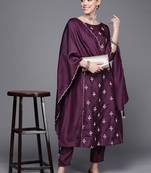 Indo Era Wine Embroidered Straight Kurta Trouser With Dupatta Set