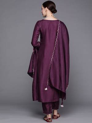 Indo Era Wine Embroidered Straight Kurta Trouser With Dupatta Set 2