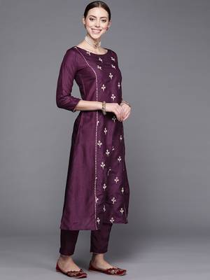 Indo Era Wine Embroidered Straight Kurta Trouser With Dupatta Set 3
