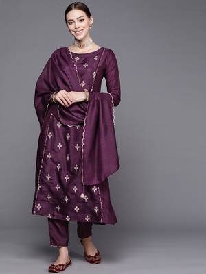Indo Era Wine Embroidered Straight Kurta Trouser With Dupatta Set 4