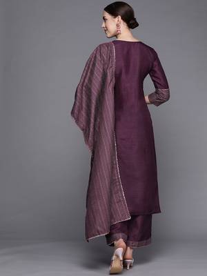 Indo Era Wine Solid Straight Kurta Palazzo With Dupatta Set 2