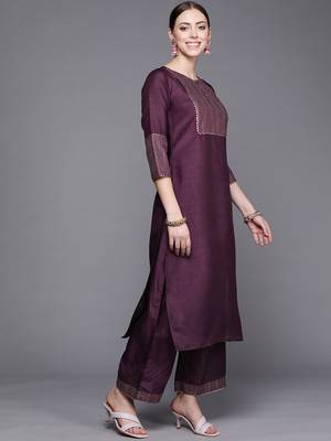 Indo Era Wine Solid Straight Kurta Palazzo With Dupatta Set 3