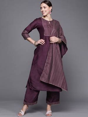 Indo Era Wine Solid Straight Kurta Palazzo With Dupatta Set 4