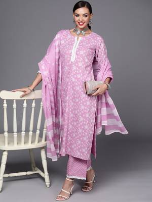 Indo Era Lavender Printed Straight Kurta Palazzo With Dupatta Set 1