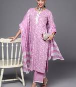 Indo Era Lavender Printed Straight Kurta Palazzo With Dupatta Set