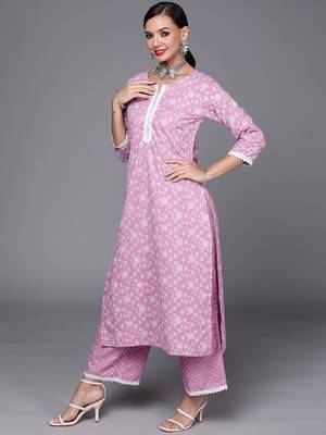 Indo Era Lavender Printed Straight Kurta Palazzo With Dupatta Set 3