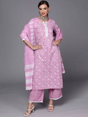 Indo Era Lavender Printed Straight Kurta Palazzo With Dupatta Set 4