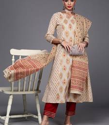 Indo Era Off White Printed A-Line Kurta Trousers With Dupatta set