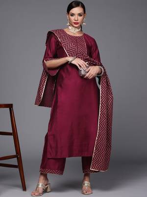Indo Era Wine Solid Straight Kurta Palazzo With Dupatta Set 1