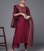 Indo Era Wine Solid Straight Kurta Palazzo With Dupatta Set