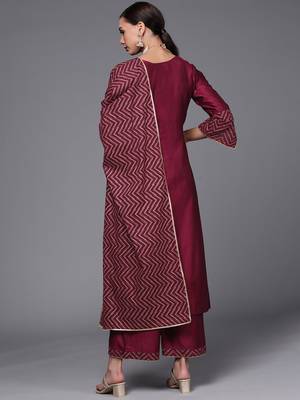 Indo Era Wine Solid Straight Kurta Palazzo With Dupatta Set 2