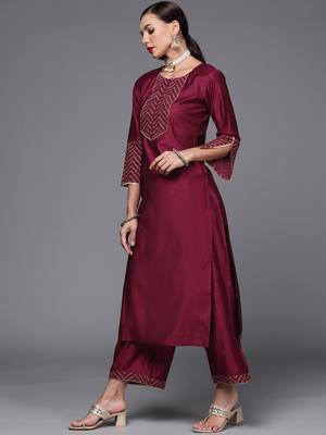Indo Era Wine Solid Straight Kurta Palazzo With Dupatta Set 3
