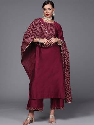 Indo Era Wine Solid Straight Kurta Palazzo With Dupatta Set 4