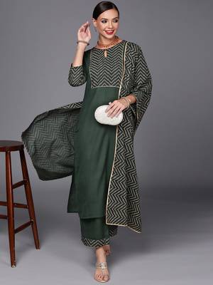 Indo Era Green Solid Straight Kurta Palazzo With Dupatta Set 1