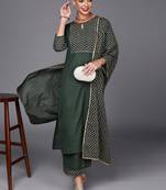 Indo Era Green Solid Straight Kurta Palazzo With Dupatta Set