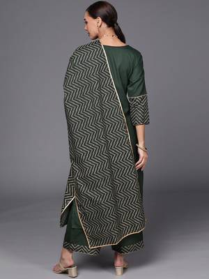 Indo Era Green Solid Straight Kurta Palazzo With Dupatta Set 2