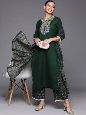 Indo Era Green Embroidered Straight Kurta Palazzo With Dupatta Set 1