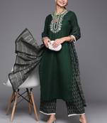 Indo Era Green Embroidered Straight Kurta Palazzo With Dupatta Set