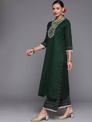 Indo Era Green Embroidered Straight Kurta Palazzo With Dupatta Set 3