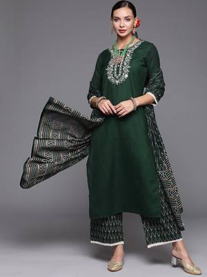 Indo Era Green Embroidered Straight Kurta Palazzo With Dupatta Set 4