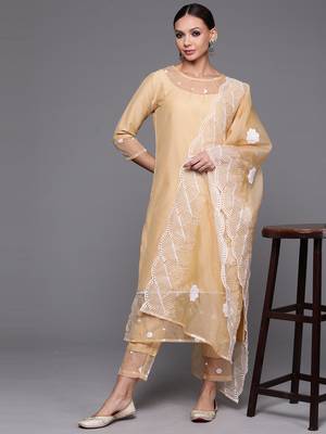 Indo Era Beige Embroidered Straight Kurta Trouser With Dupatta Set 1
