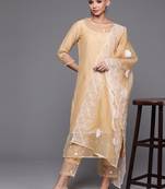 Indo Era Beige Embroidered Straight Kurta Trouser With Dupatta Set