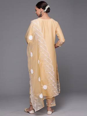 Indo Era Beige Embroidered Straight Kurta Trouser With Dupatta Set 2