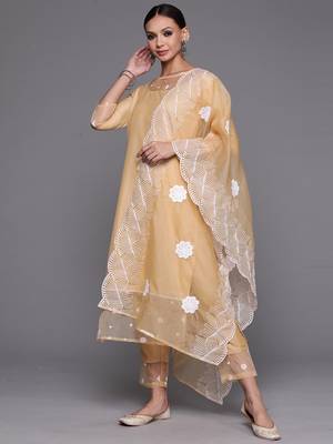 Indo Era Beige Embroidered Straight Kurta Trouser With Dupatta Set 4