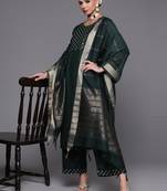 Indo Era Green Embroidered Straight Kurta Palazzo With Dupatta Set