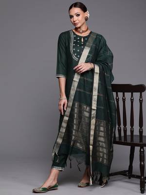 Indo Era Green Solid Straight Kurta Trouser With Dupatta Set 1