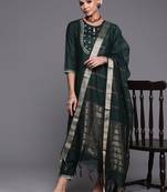 Indo Era Green Solid Straight Kurta Trouser With Dupatta Set