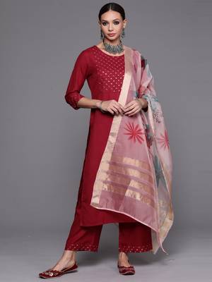 Indo Era Maroon Solid Straight Kurta Palazzo With Dupatta Set 1