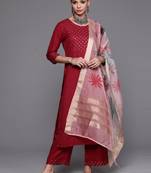 Indo Era Maroon Solid Straight Kurta Palazzo With Dupatta Set