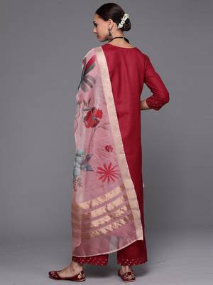 Indo Era Maroon Solid Straight Kurta Palazzo With Dupatta Set 2