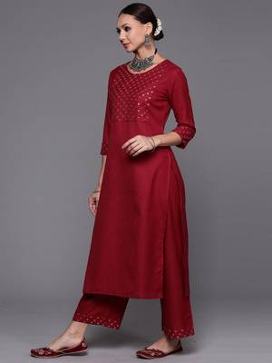 Indo Era Maroon Solid Straight Kurta Palazzo With Dupatta Set 3