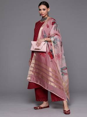 Indo Era Maroon Solid Straight Kurta Palazzo With Dupatta Set 4