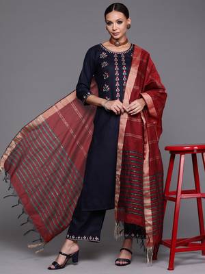 Indo Era Navy Blue Embroidered Straight Kurta Palazzo With Dupatta Set 1