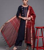 Indo Era Navy Blue Embroidered Straight Kurta Palazzo With Dupatta Set