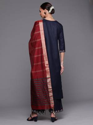 Indo Era Navy Blue Embroidered Straight Kurta Palazzo With Dupatta Set 2