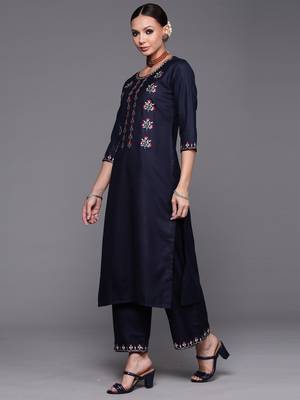 Indo Era Navy Blue Embroidered Straight Kurta Palazzo With Dupatta Set 3