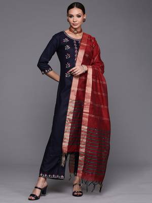 Indo Era Navy Blue Embroidered Straight Kurta Palazzo With Dupatta Set 4