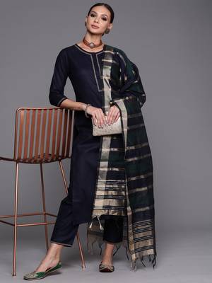 Indo Era Navy Blue Straight Kurta Palazzo With Dupatta Set 1