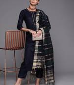 Indo Era Navy Blue Straight Kurta Palazzo With Dupatta Set