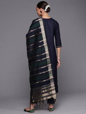 Indo Era Navy Blue Straight Kurta Palazzo With Dupatta Set 2