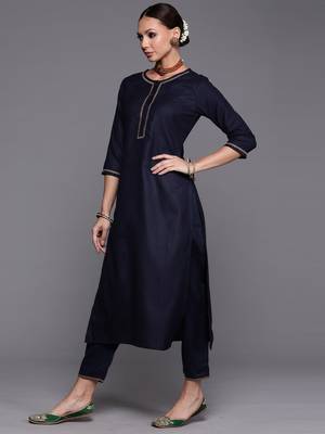 Indo Era Navy Blue Straight Kurta Palazzo With Dupatta Set 3